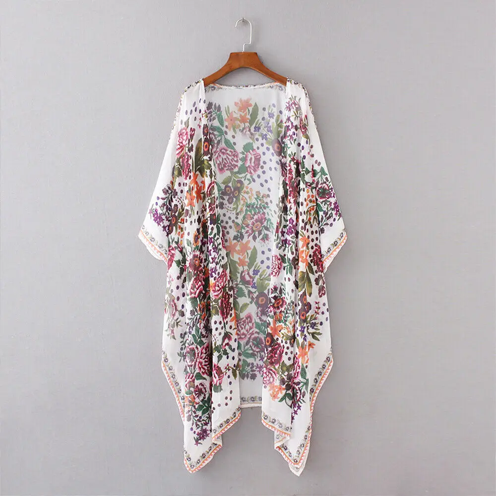 Floral Print Женская Свободная блузка с цветочным принтом, Летняя Повседневная шифоновая накидка, кимоно, кардиган, топы размера плюс 3XL - Цвет: Floral Print