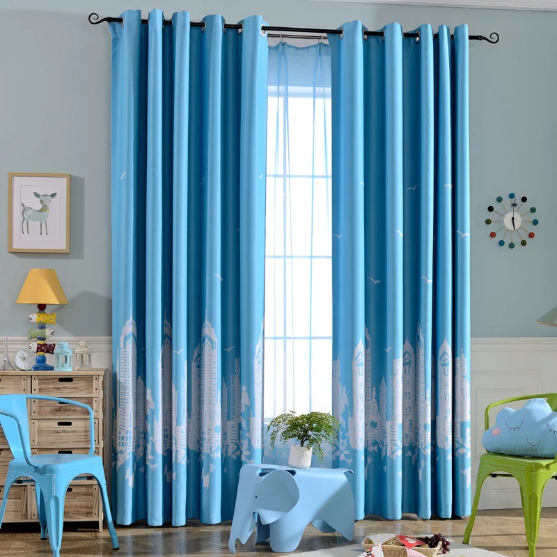 Голубые шторы с мультяшным замком прозрачная вуаль для детской комнаты