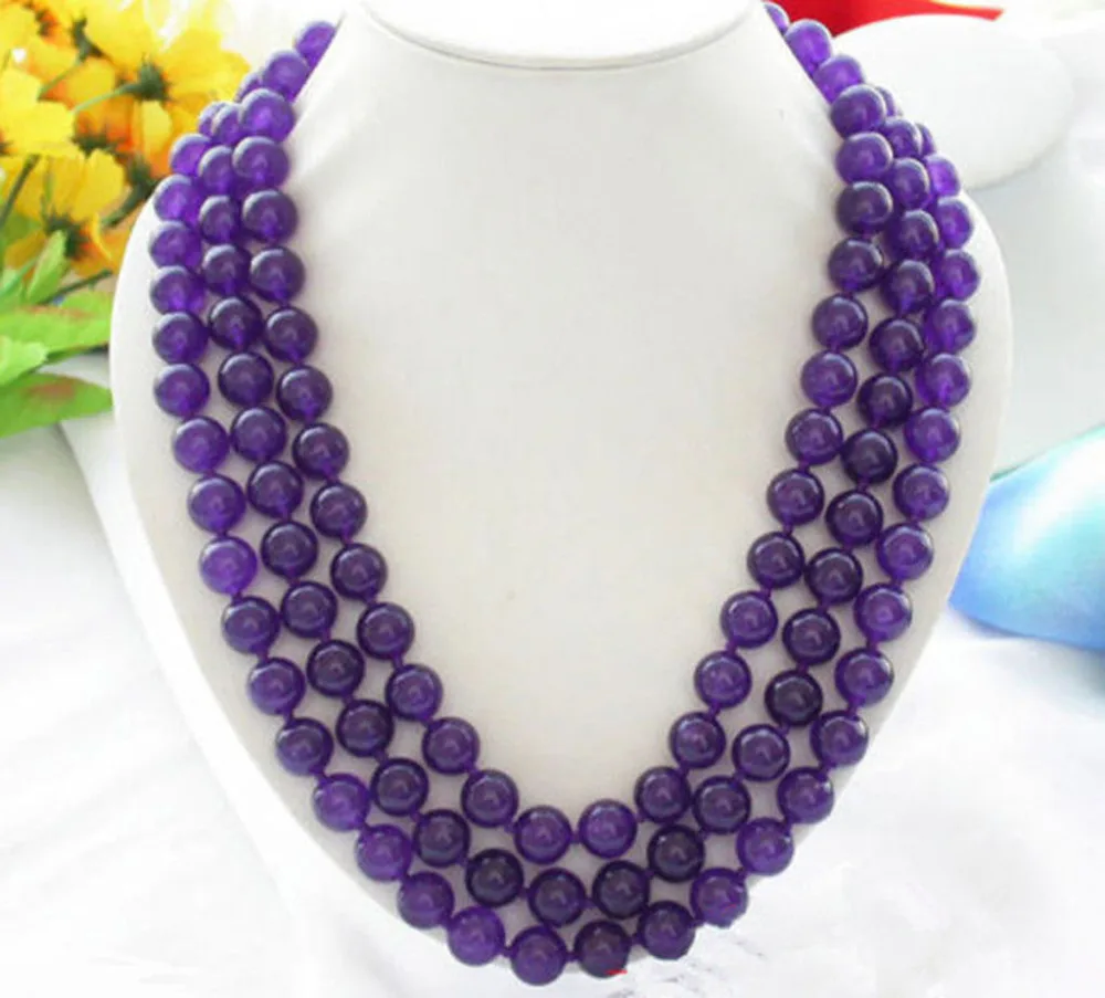 

Selling Jewelry>>New Charm Fashion3 Rows 8mm Round Purple Natural Jadeite Beads Necklace 17-19" AAA+