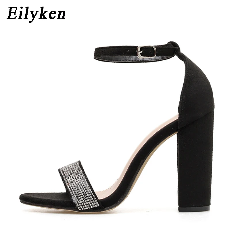 Black Eilyken/летние женские босоножки на каблуках с открытым носком; сандалии со стразами; женские повседневные босоножки с ремешком на щиколотке и пряжкой - Color: Black