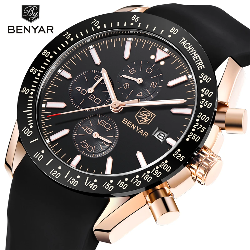 

Reloj Hombre BENYAR Mens Fashion Watches Top Brand Luxury Silicone Chronograph Japan Quartz Movement Watch Calendar Clock Saat