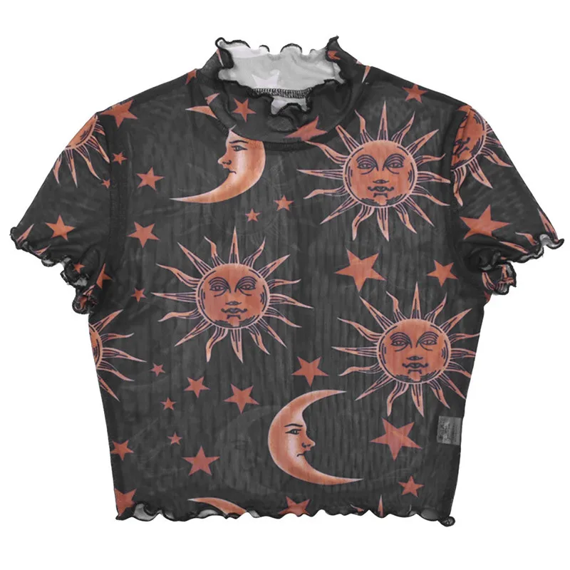 Милый Moon Sun Star Печатный короткий модный топ Женская сексуальная сетка прозрачная