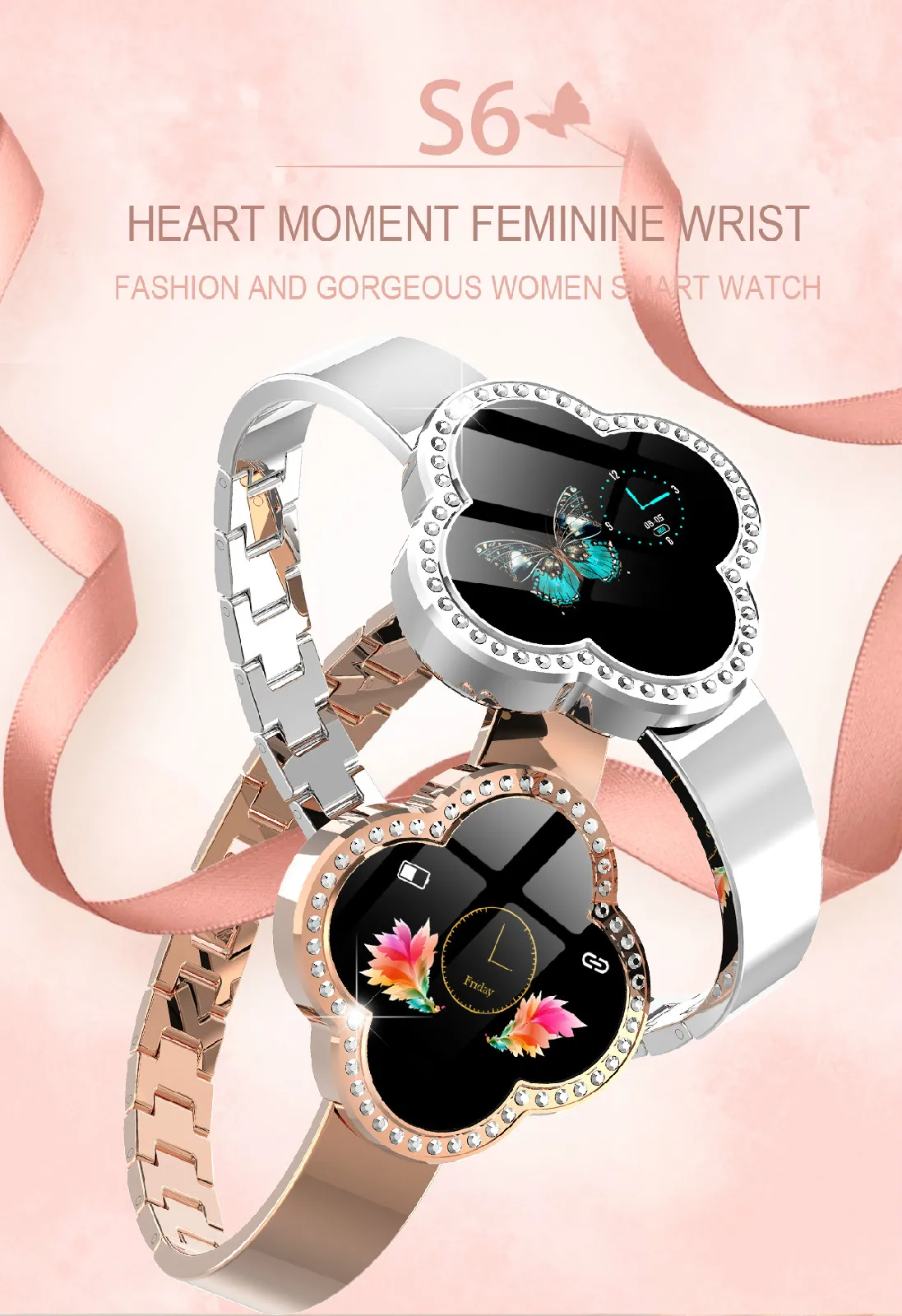 Fashion Smart Bracelet Lady Heart Rate Blood Pressure Oxygen Sport Calorie Clover IP67 Waterproof Watch for IOS Android | Электроника