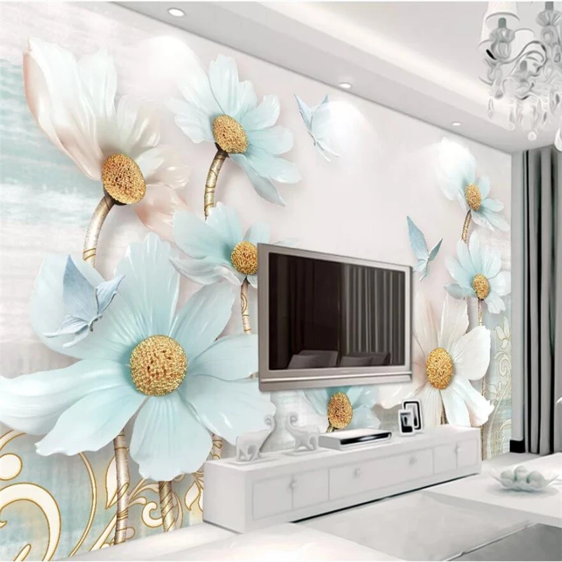 wellyu Custom wallpaper 3D murals embossed jewelry chrysanthemum fresh retro TV background wall living room bedroom | Обустройство
