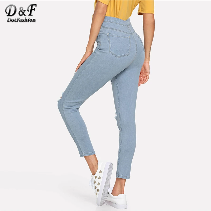 Dotfashion, синие женские укороченные джинсы с рваной деталью,, весна-осень, повседневные штаны с высокой талией, рваные джинсы для женщин, джинсовые брюки