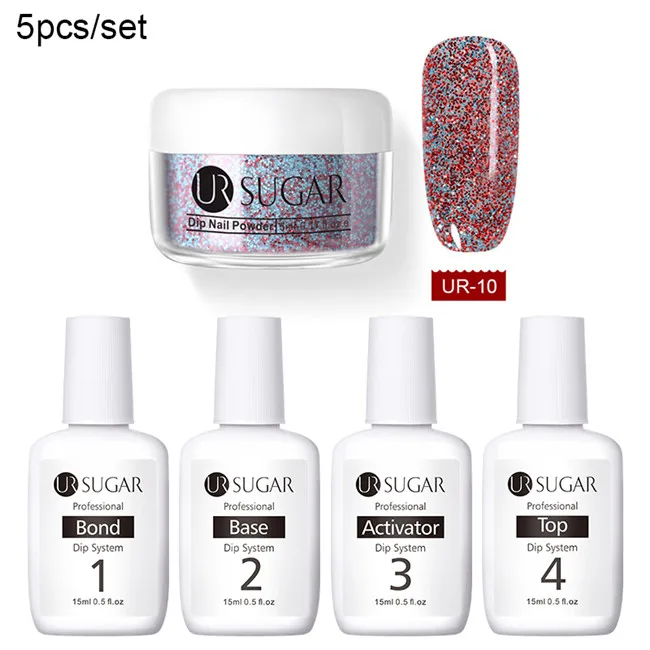 glitter 10 UR SUGAR 5pcs Dipping Nail Glitter Powder Kits Without Lamp Cure Dip System French Manicure with Base Activator Liquid Gel Set - Цвет: glitter 10