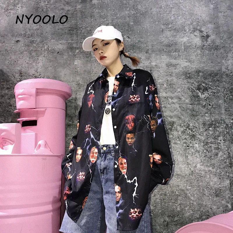NYOOLO Harajuku стиль уличная пародия Европа Аватар молния печати рубашка свободная с длинным рукавом рубашка Женская/мужская одежда топы