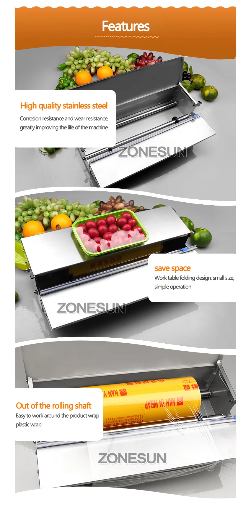 ZONESUN нержавеющая сталь цепляющая пленка упаковочная машина пищевая фруктовая овощная свежая пленка обертка цепляющая пленка упаковочная упаковка