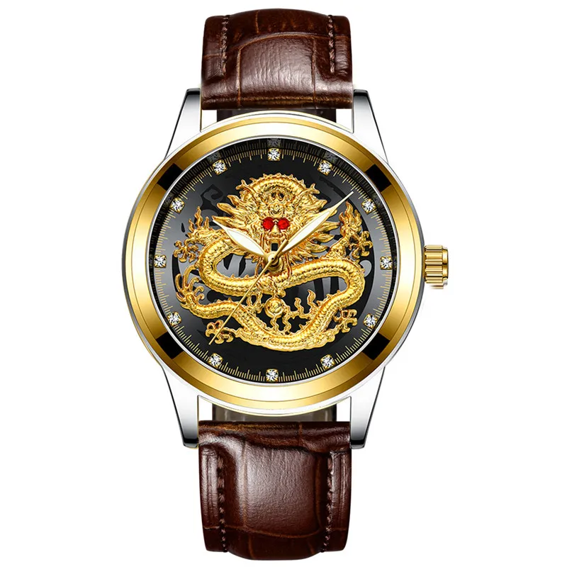 leather gold black Роскошные Кварцевые часы с драконом Модные мужские золотые наручные часы Лидирующий бренд полностью стальные часы бизнес простые часы Relogio Masculino - Цвет: leather gold black