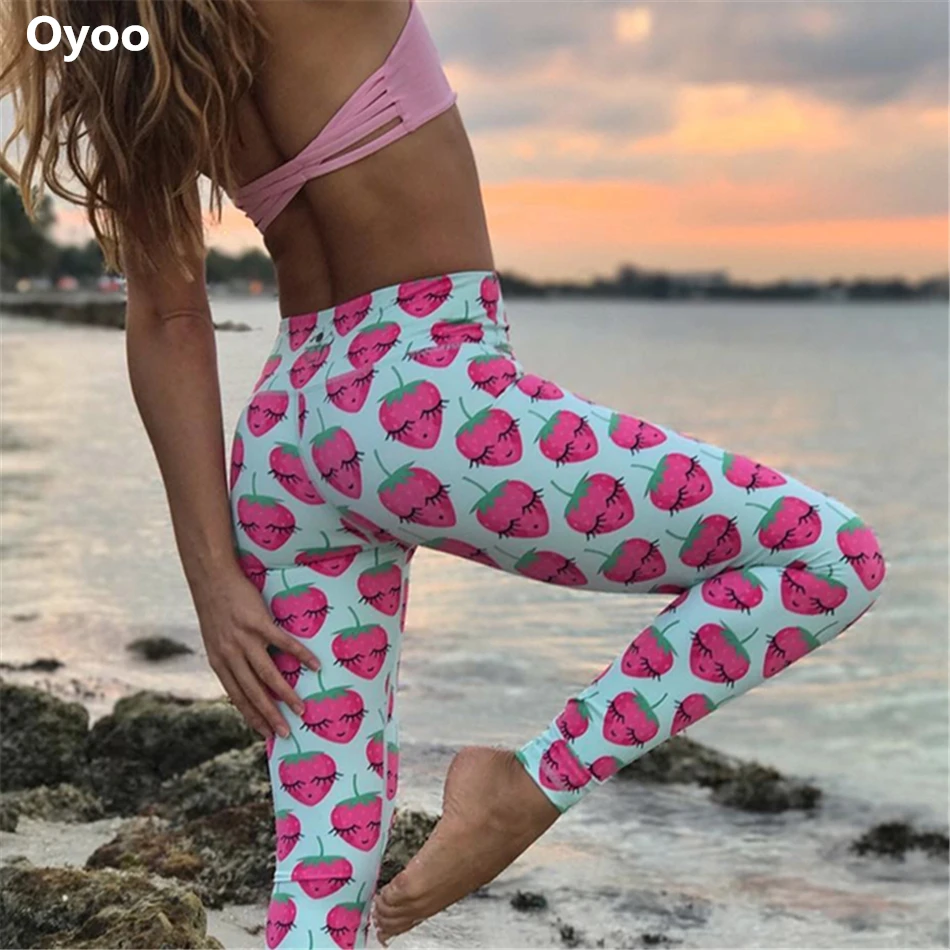 Oyoo забавные леггинсы для занятий йогой с клубничным принтом женские спортивные