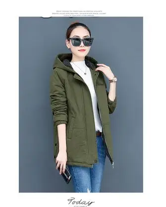 ArmyGreen Корейская осенне-зимняя одежда, новая мода, с капюшоном, плюс вельветовое пальто, с длинным рукавом, на молнии, топы, большой размер, женское теплое хлопковое пальто 826 - Цвет: ArmyGreen