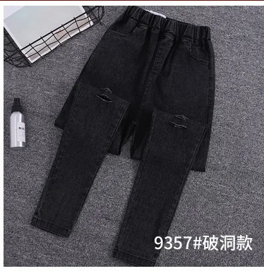 9357 Black XL-5XL Весна и лето плюс большие размеры Средний эластичный пояс джинсы длиной до щиколотки для женщин узкие стрейч джинсовые брюки - Цвет: 9357 Black