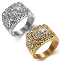 hip hop silver micro pave rhinestone iced out bling big square ring ip gold filled stainless steel rings for men jewelry