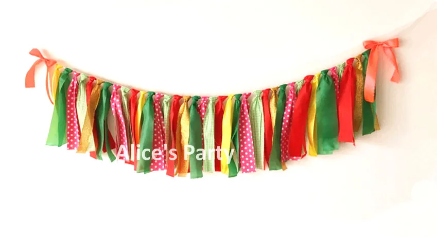 Hot Rag tie Gorgeous Bunting Wedding Party Decoration Watermelon themed Baby Shower Banner Red Gold Pink Green Dots Garland Flag | Дом и сад