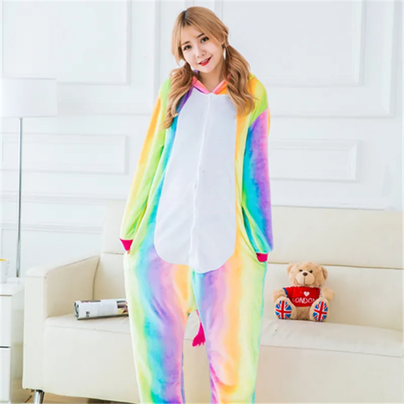 1405 rainbow unicorn Осенне-зимние пижамные комплекты с единорогом, пижамы с героями мультфильмов, женская пижама, теплая Фланелевая пижама с изображением животных, зебры, стежка, пижамы с единорогом, кигуруми - Цвет: 1405 rainbow unicorn