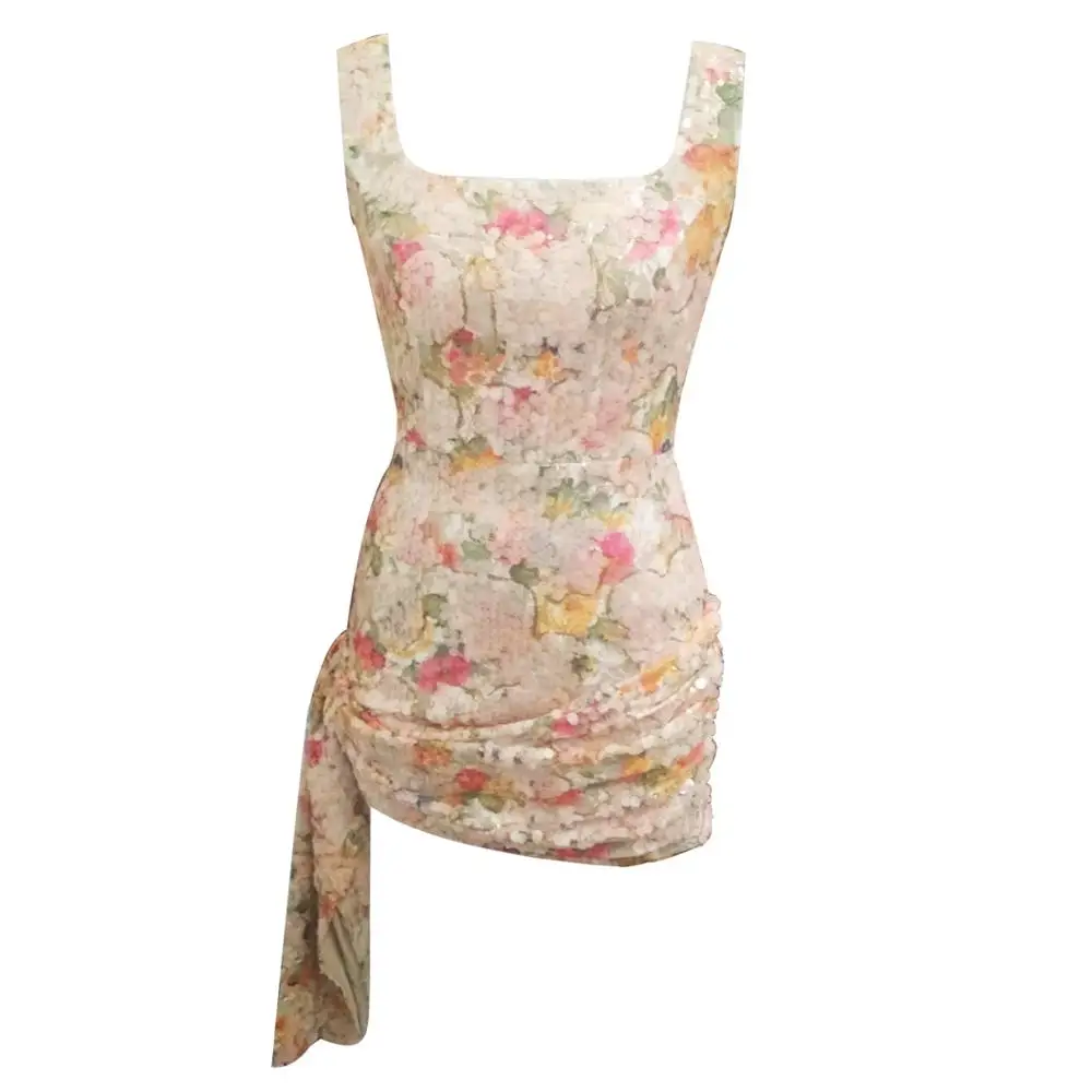 

Max Spri 2019 Summer New Sexy Straps Sleeveless Floral Sequins Sparkling Ruched Women Party Outfit Bodycon Mini Dress
