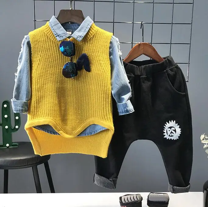 3pcs set Детская одежда детская повседневная одежда Вязание жилет, джинсовая рубашка и Штаны 3 шт./компл. для маленьких мальчиков Модные осенние комплекты 2-6years - Цвет: 3pcs set