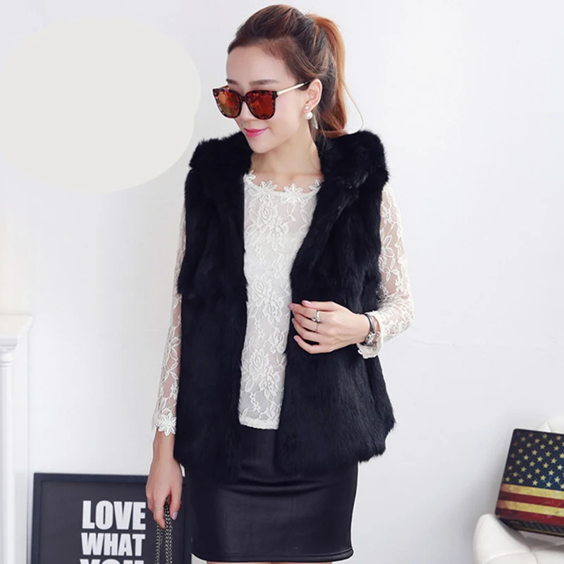 Женский жилет из натурального кроличьего меха без рукавов с капюшоном Осень-зима