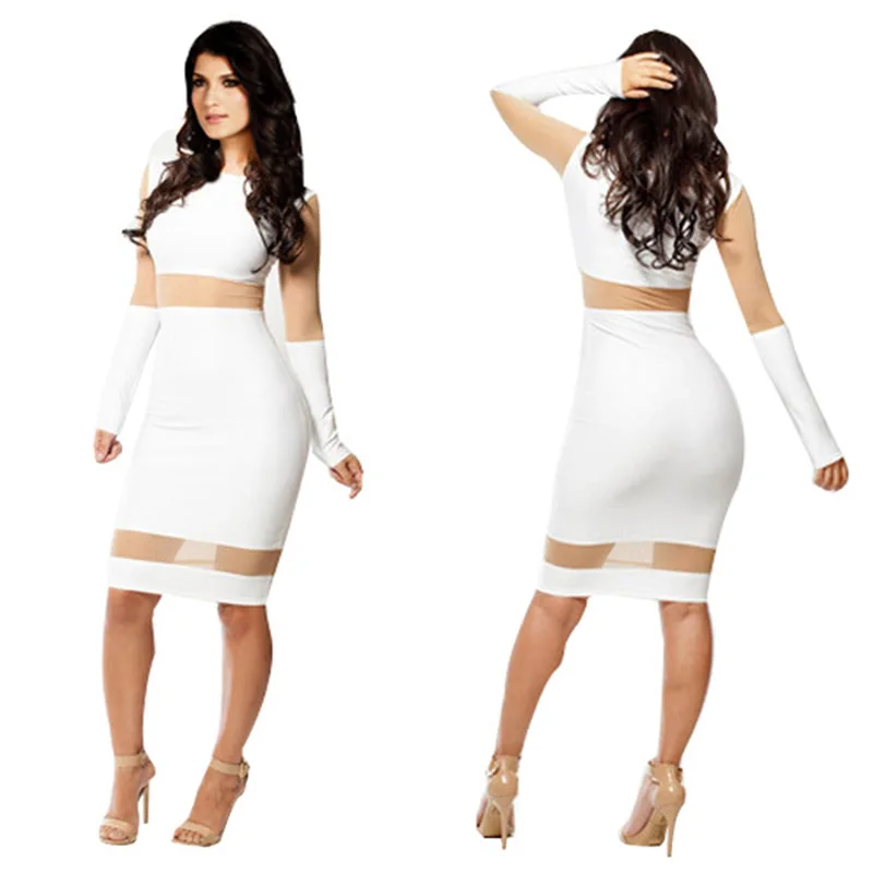 

Sexy Slim Solid Bodycon Dresses Black White Women Mesh Hollow Out Long Sleeve Stretchy Club Party Midi Dress Casual Pencil Dress