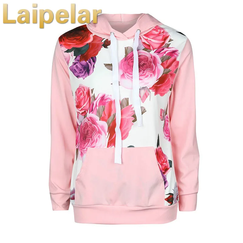 

Laipelar Casual Women Flowers Print Hoodies Long Sleeve Hooded Sweatshirt Front Pockets Tracksuits Women Autumn Winter Top