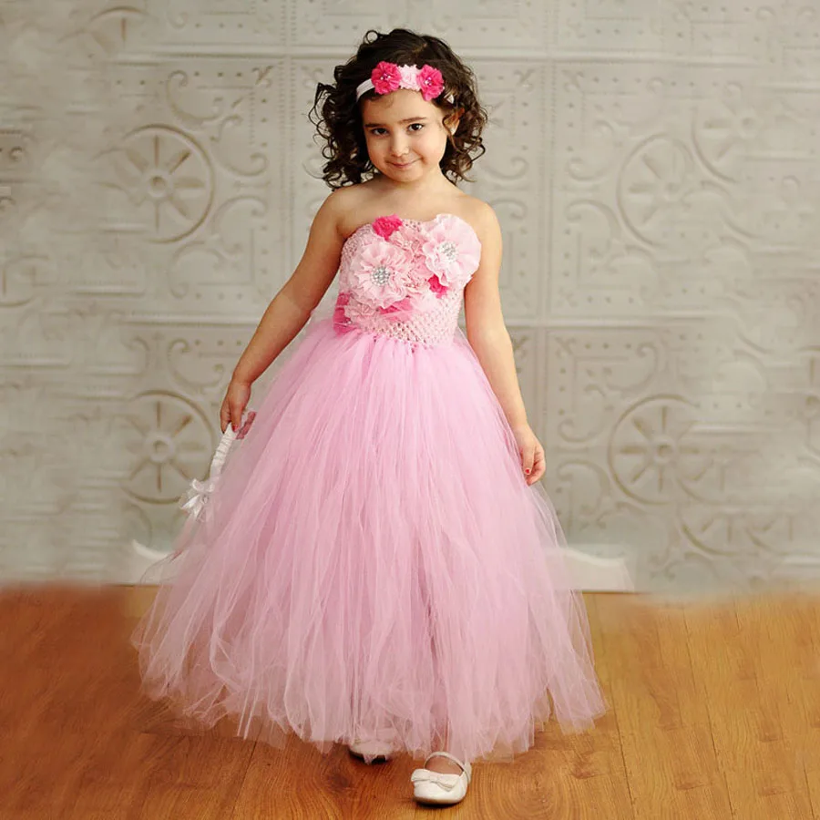 

Pink Flower Girl Dress with Matching Headband Kids Children Flower Tutu Gowns Dress for Wedding Birthday Party TS084