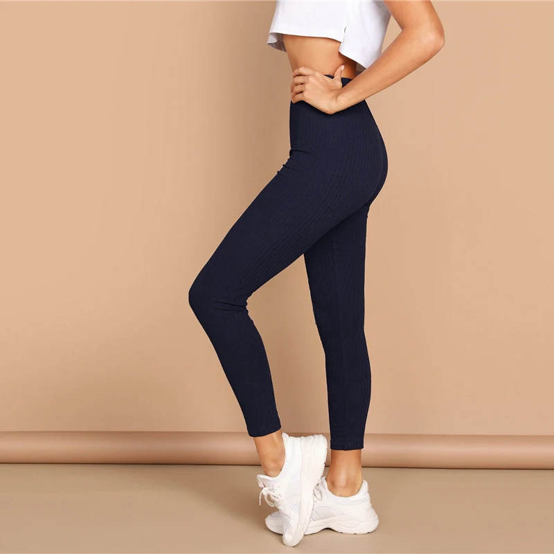 SHEIN/Женские однотонные повседневные леггинсы с высокой талией в рубчик, женские весенне-Осенние эластичные леггинсы для фитнеса, средней талии, обтягивающие базовые кроп-леггинсы