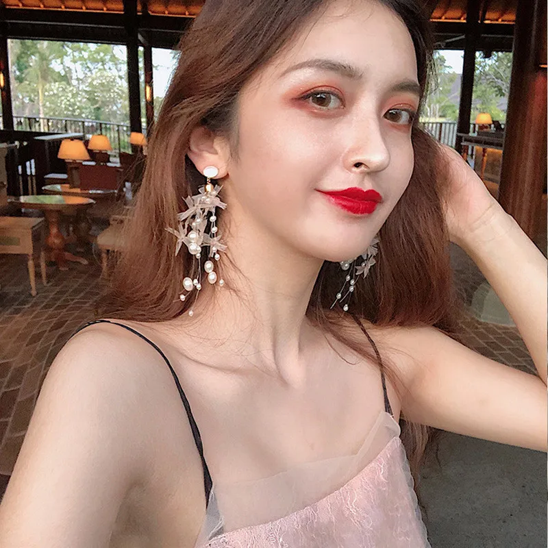 Новые корейские элегантные кружевные длинные висячие серьги с кисточками и