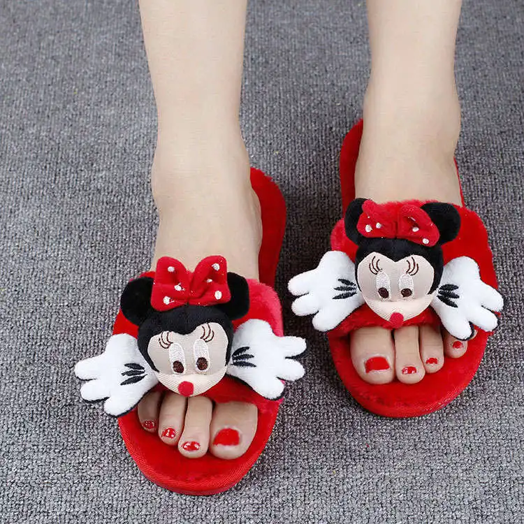 Disney/Детские хлопковые тапочки с рисунком Минни и Микки; теплые тапочки; домашняя обувь; нескользящая домашняя обувь с мягкой подошвой для девочек - Цвет: B