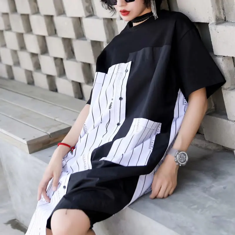 [XITAO] 2019 New Europe Casual Loose Short Sleeve Button Pocket Striped O-neck Fashion Asymmetry Knee-length Dress WBB3261 | Женская