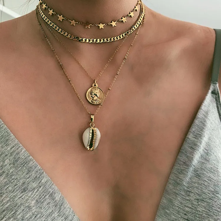 Bls-miracle Fashion Multi layer Shell Necklaces& Pendants For Women Trendy Charm Gold Chain Choker Necklace Ladies Jewelry - Окраска металла: NE-0175-19