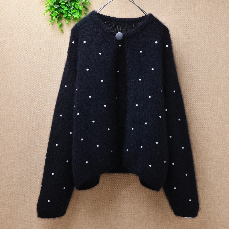 Ladies women tops black loose plush beading angora rabbit fur knitted long sleeves cardigan mantle sweater coat autumn winter |