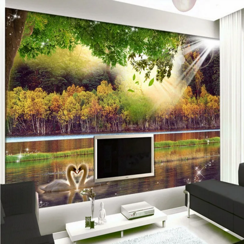 Free Shipping Lake Forest sunshine 3D stereo background wall bedroom lobby hotel mural custom restaurant bathroom wallpaper |