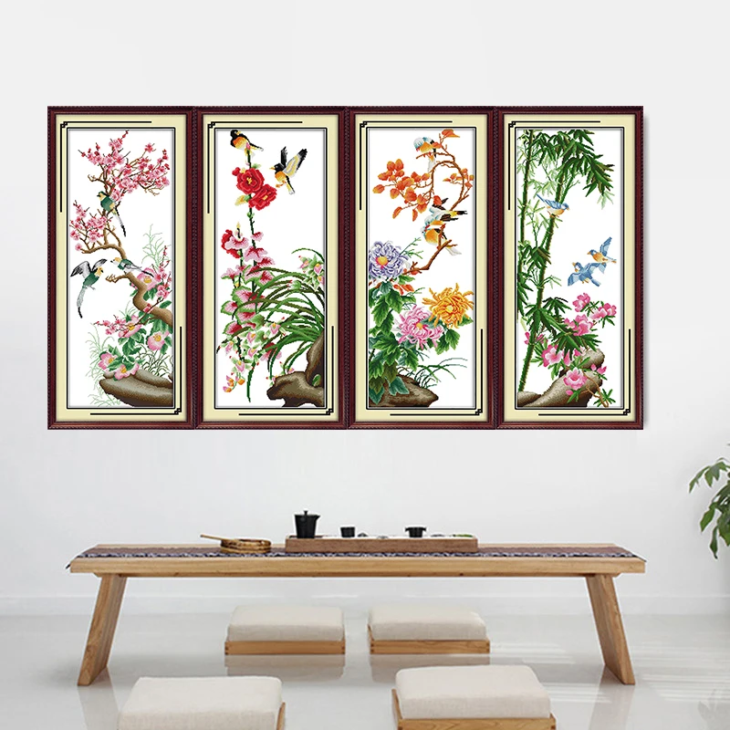 Kits de punto de cruz de ciruela, orquídea, bambú, crisantemo, tela impresa de 11CT, 14CT, lienzo contado, costura de bordado chino artesanal
