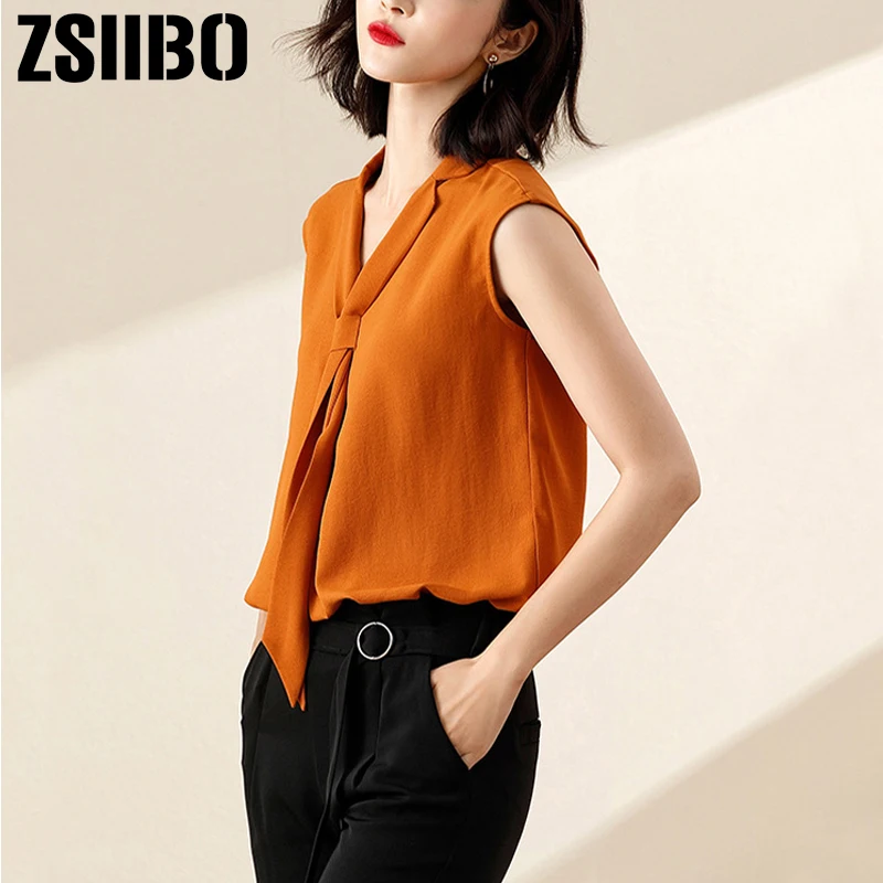Женская шифоновая рубашка без рукавов Однотонная с V образным вырезом модная