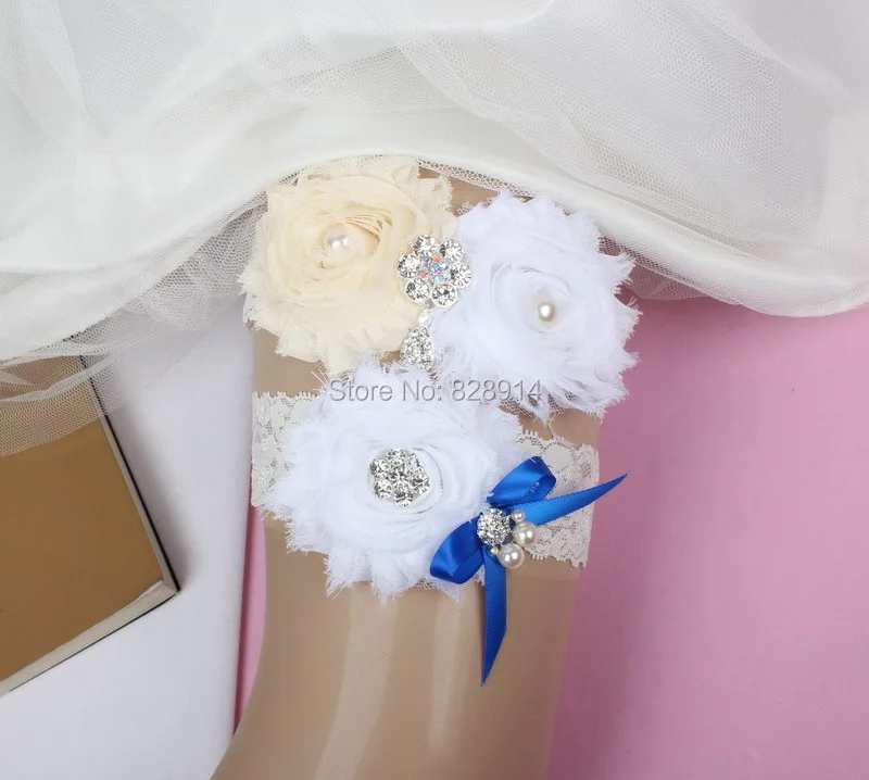 

New Design baby Ivory and white Color Shabby chiffon Flower Lace Wedding bride Garter for Bridal Garter With charms Handmade