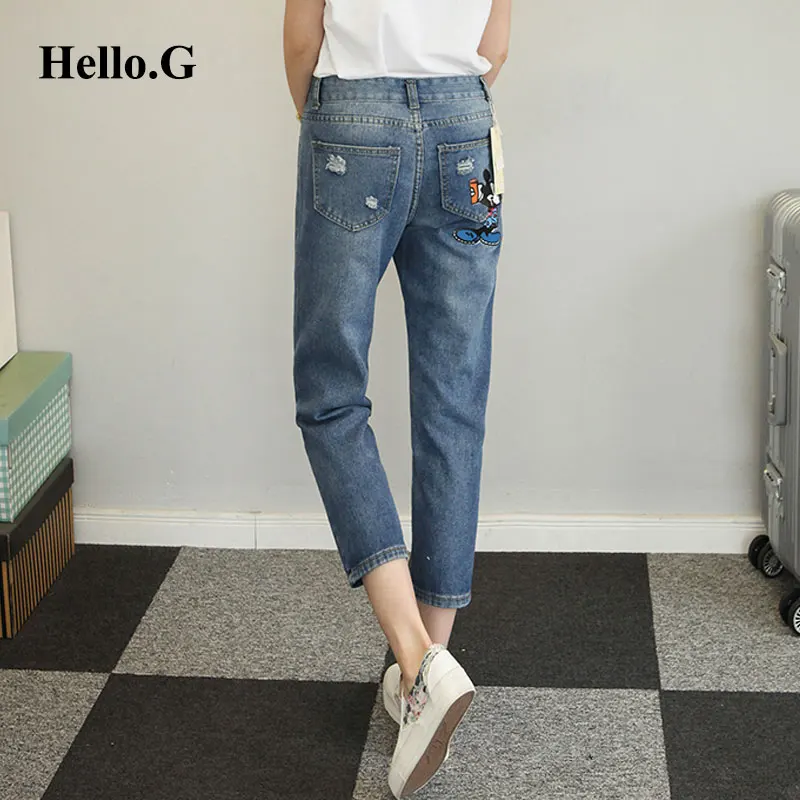 2017 рваные джинсы с мультяшным принтом для девочек Свободные повседневные