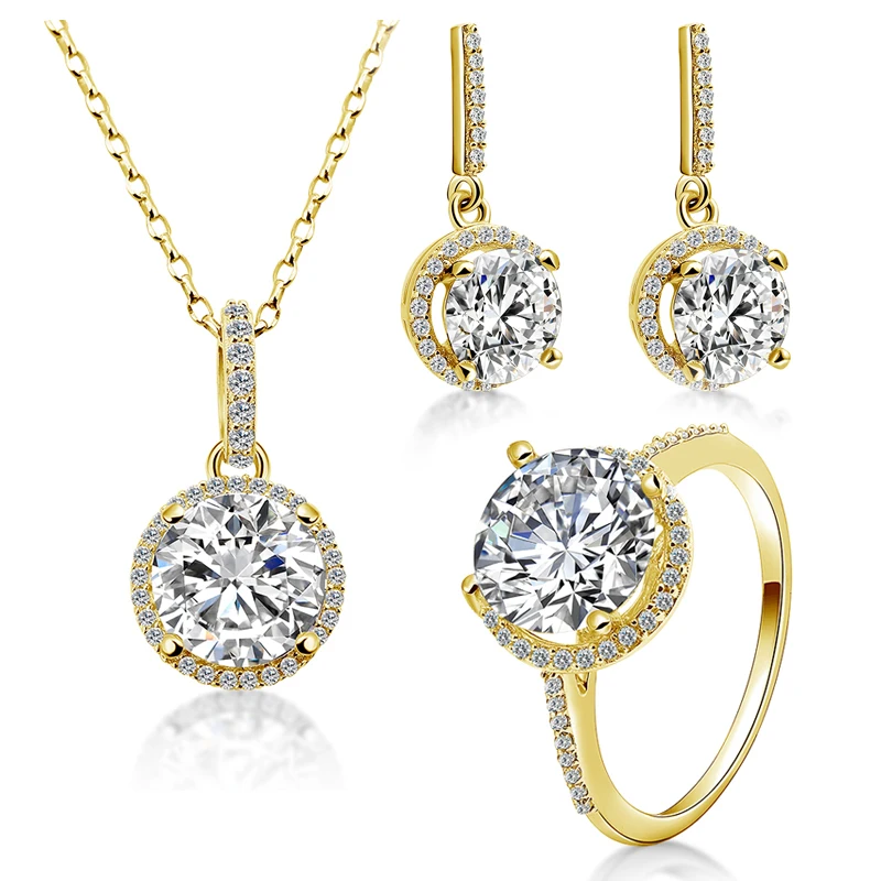 

QYI 2.5 ct Round Zirconia Ring Set Gold jewelry 14K Solid Yellow Gold Halo Ring Engagement Wedding Lovers Jewelry Gift