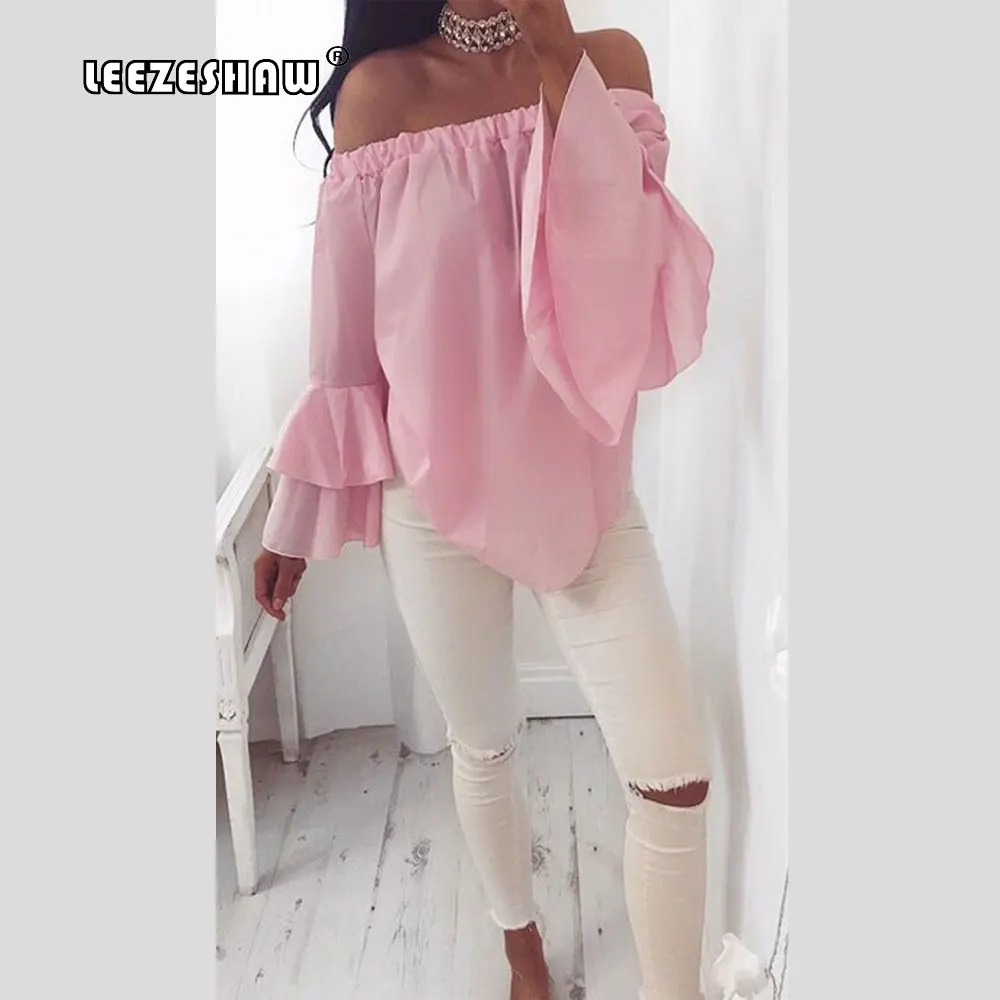 Leezeshaw 2018 Off Shoulder Petals Sleeve Chiffon Women Shirts Blouse Solid Long Tops Fashion Party Sexy Blouses Femme |