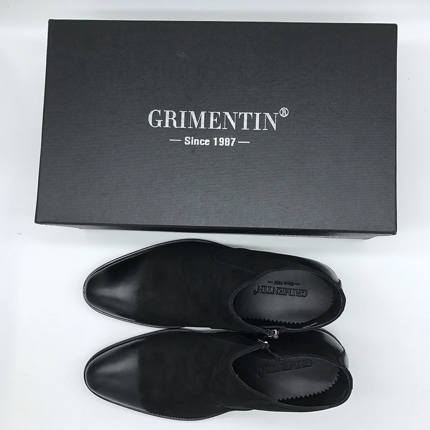 GRIMENTIN/брендовые зимние модные мужские ботильоны из натуральной кожи цвет черный