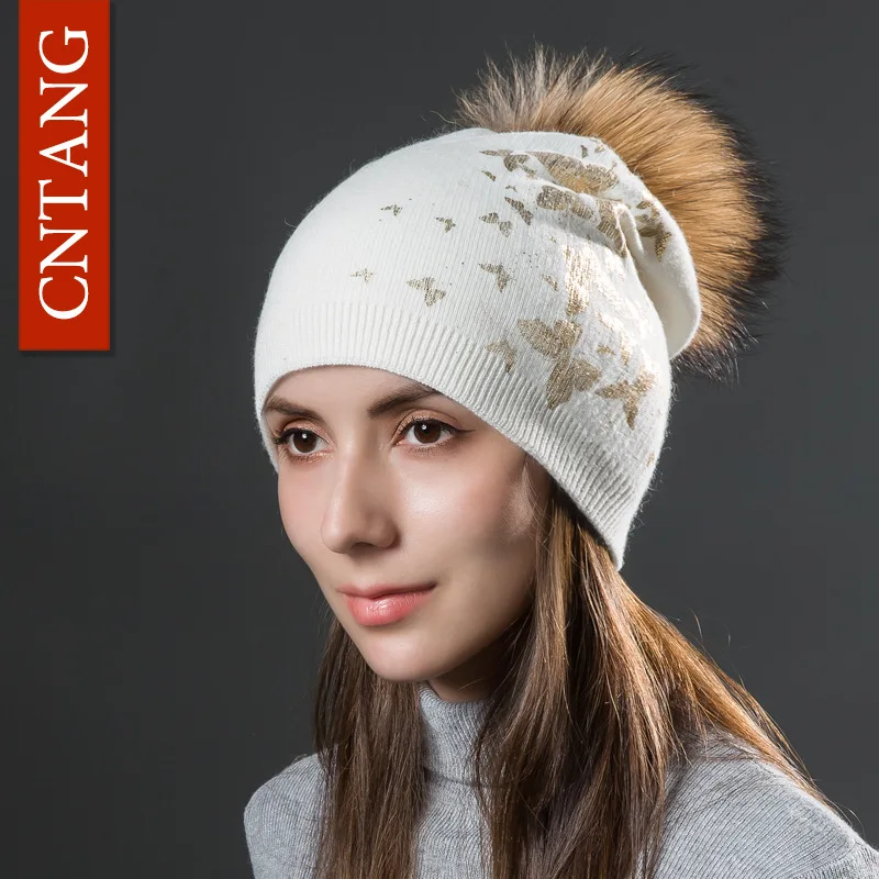 White CNTANG двойной слои шерсть Bronzing бабочка шапки для женщин зимние теплые трикотажные шапки модные шапочки для натуральный помпоны Мех животных шляпа - Цвет: White