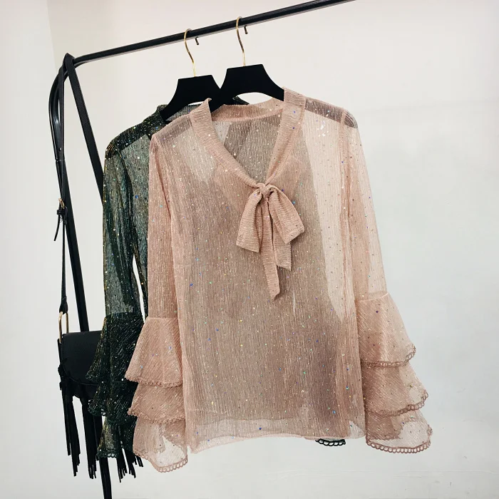 2019 Spring New Sexy Mesh Blouse Shirt with Bow Glittering Flare Sleeve Tops Ladies V-Neck Korean Fashion Clothing Shirts |