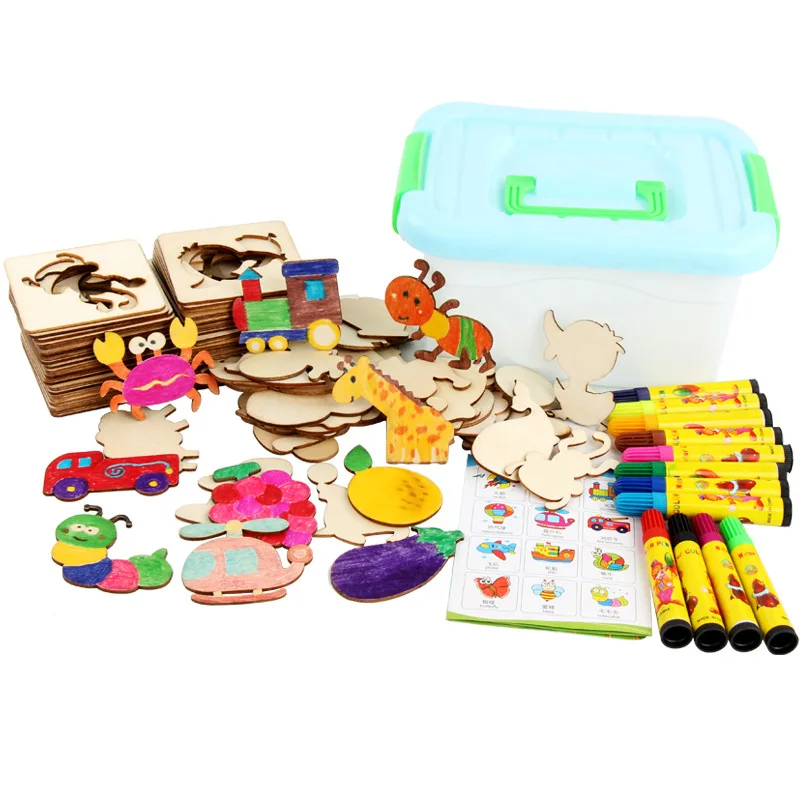 Baby Drawing Toy Painting template Toolbox hollowed paint toy wooden children early education puzzle 48 pieces