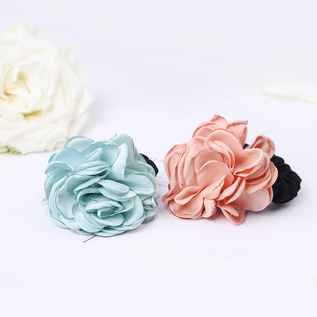 Big Flower Cloth Hair Bands for Women Girls Satin Rose Three Pearls Decor Elastic Hairbands Ponytail Headband |