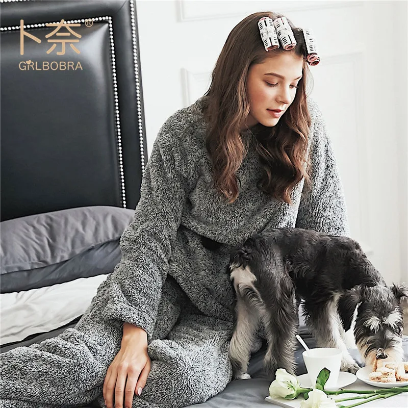 Новые удобные шерстяные из двух частей пижамы для женщин в осень и зима теплая