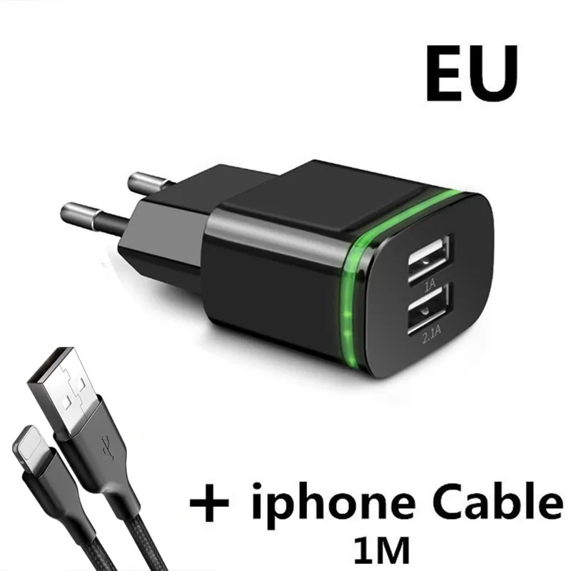Black ip Cable 5 В/2,1 а EU/US штекер светодиодный светильник 2 usb порта адаптер для мобильного телефона быстрое настенное зарядное устройство Micro USB кабель для зарядки смарт-устройства - Тип штекера: Black ip Cable