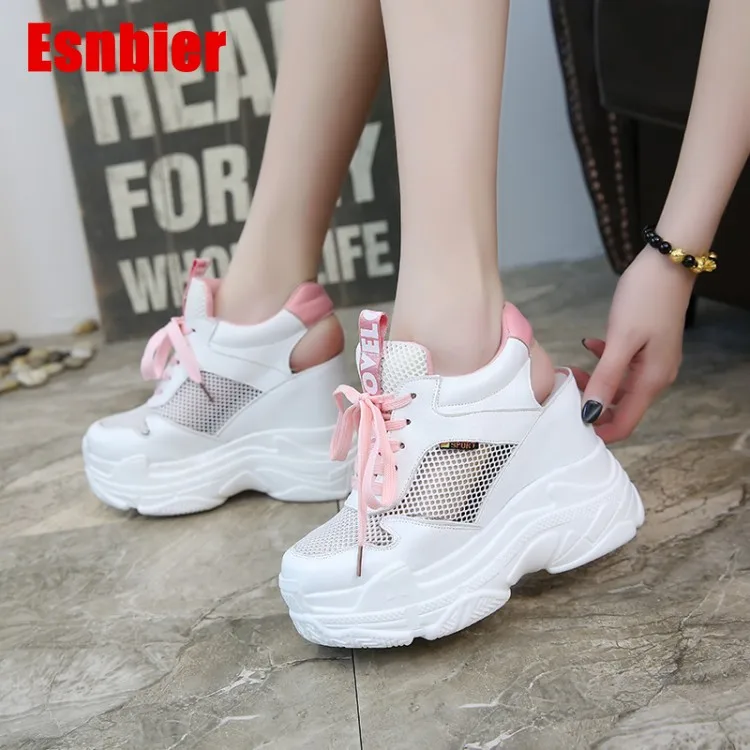 Женские кроссовки на танкетке сетчатые дышащие платформе и высоком каблуке