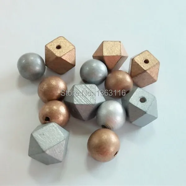 

2017 Newest Top Fashion 20mm DIY wooden beads Gold and Silver color Geometric wood bead for Necklace 50pcs/lot WB-011