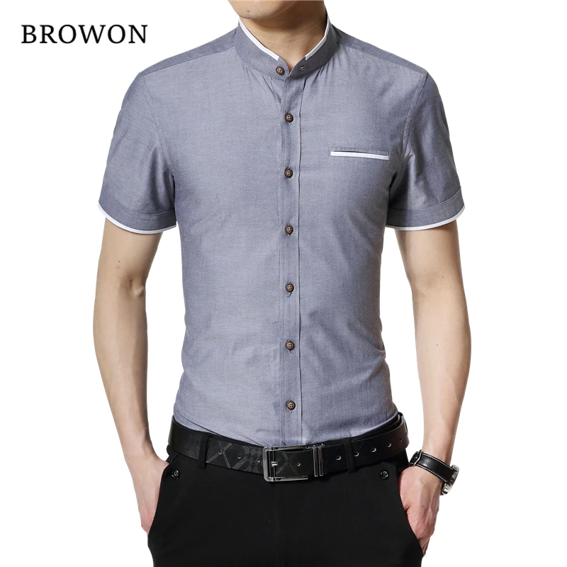 

BROWON Brand New Fashion Summer White Shirt Men Short Sleeve Shirt Slim Fit Stand Collar Solid Color Button Shirt for Man