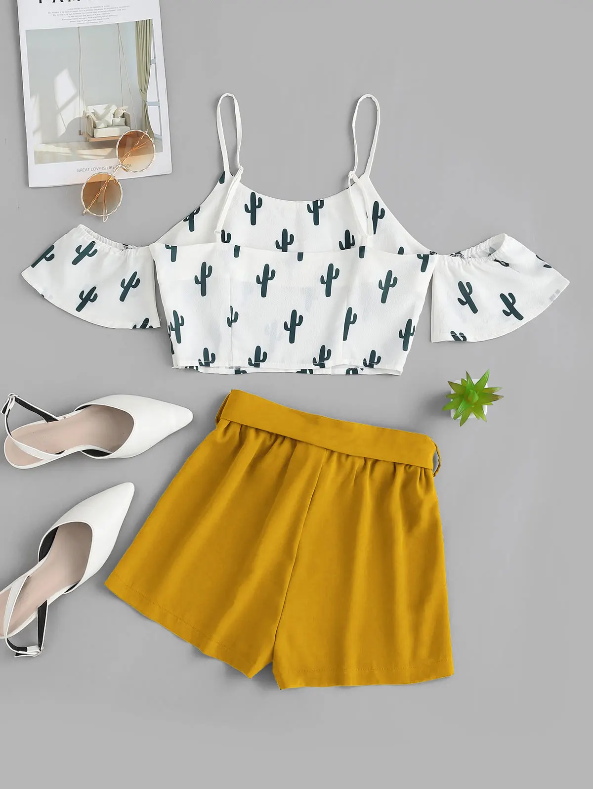 ZAFUL/топ с открытым плечом и шорты принтом кактуса комплект короткими рукавами
