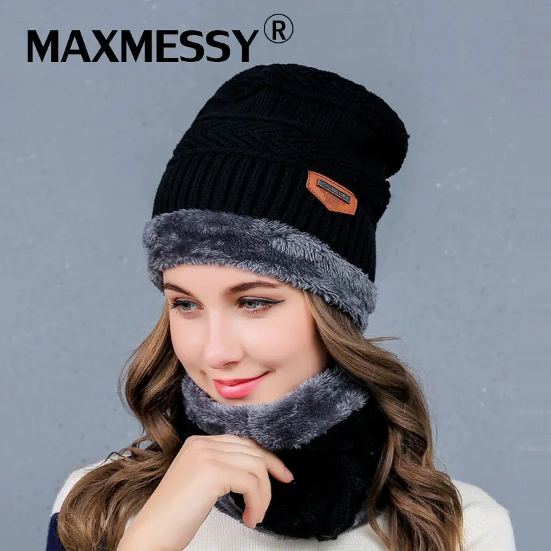 MAXMESSY Winter Fleece Hat Scarf For Women Thick Knitted Warm Sets Beanies Ring Outdoor Wear 2Pcs/Set MH141 |